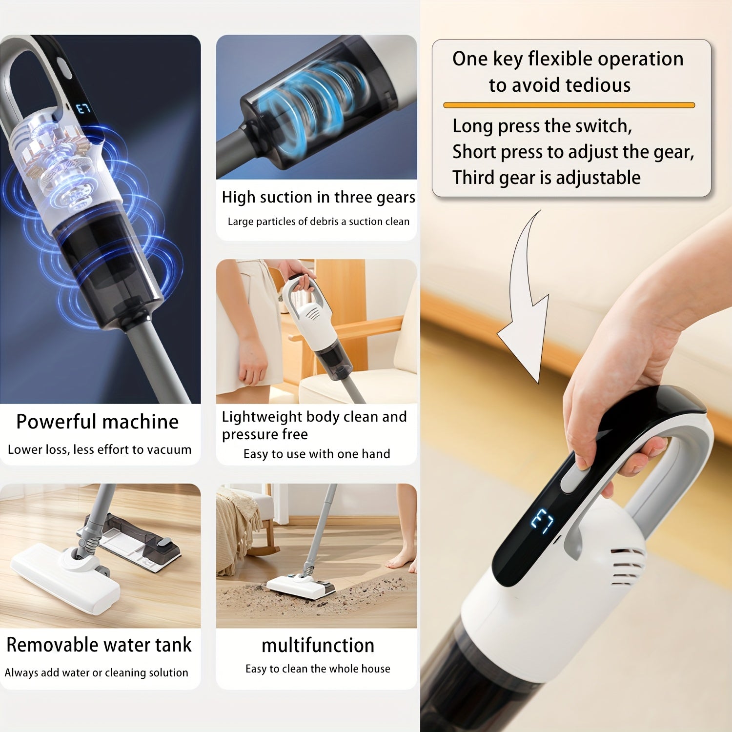 A Vacuum And Mop Combination Device Featuring Three Adjustable Speed Settings for Thorough Cleaning in Different Situations, Designed to Be Lightweight And User-Friendly, Ensuring The Cleanliness of Your Home!