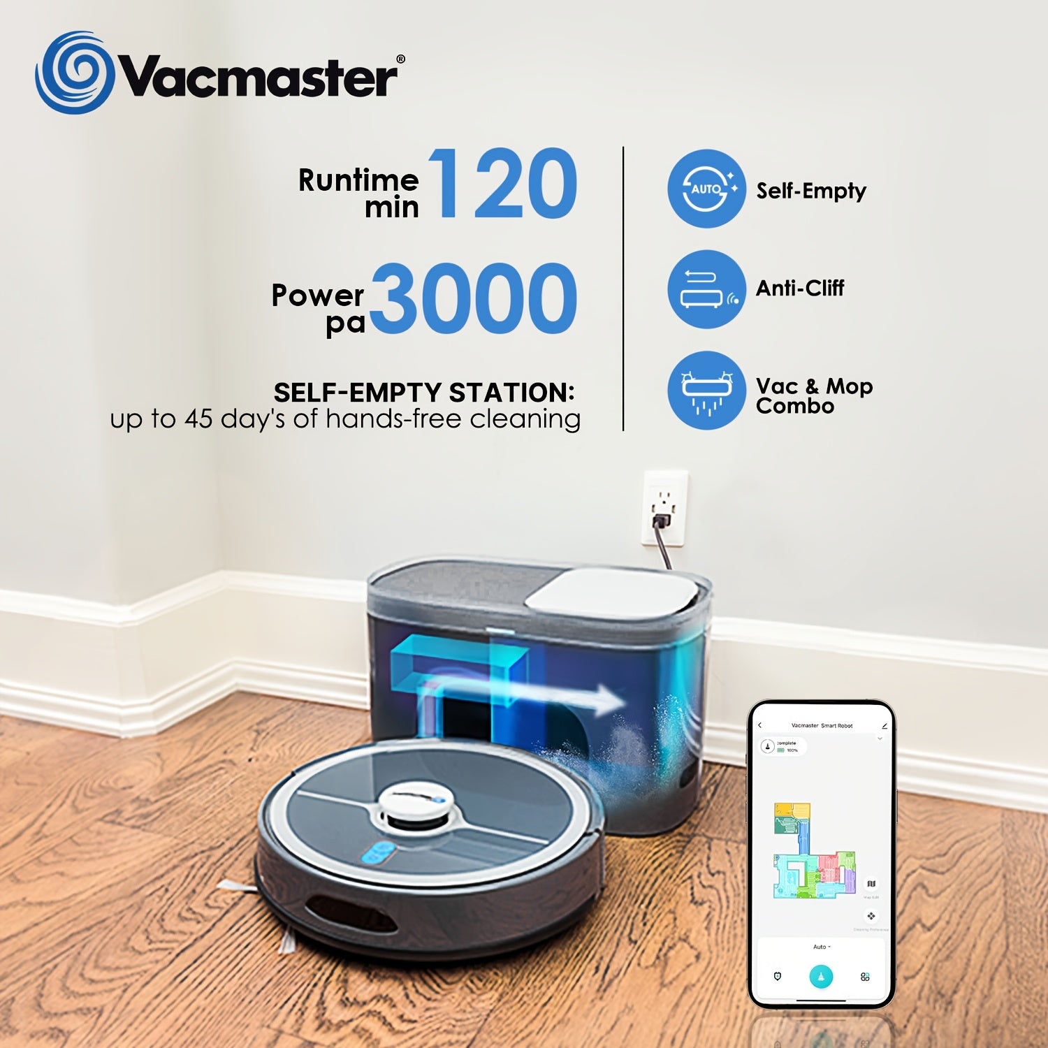 Vacmaster 3-in-1 Robot Vacuum Cleaner Pet Companion and Mop Combo with Self-Empty Station for 45 Days, LiDAR Navigation, 3000Pa Strong Suction, Multi-Floor Mapping for Homes with Pets, Carpet & Hard Floors